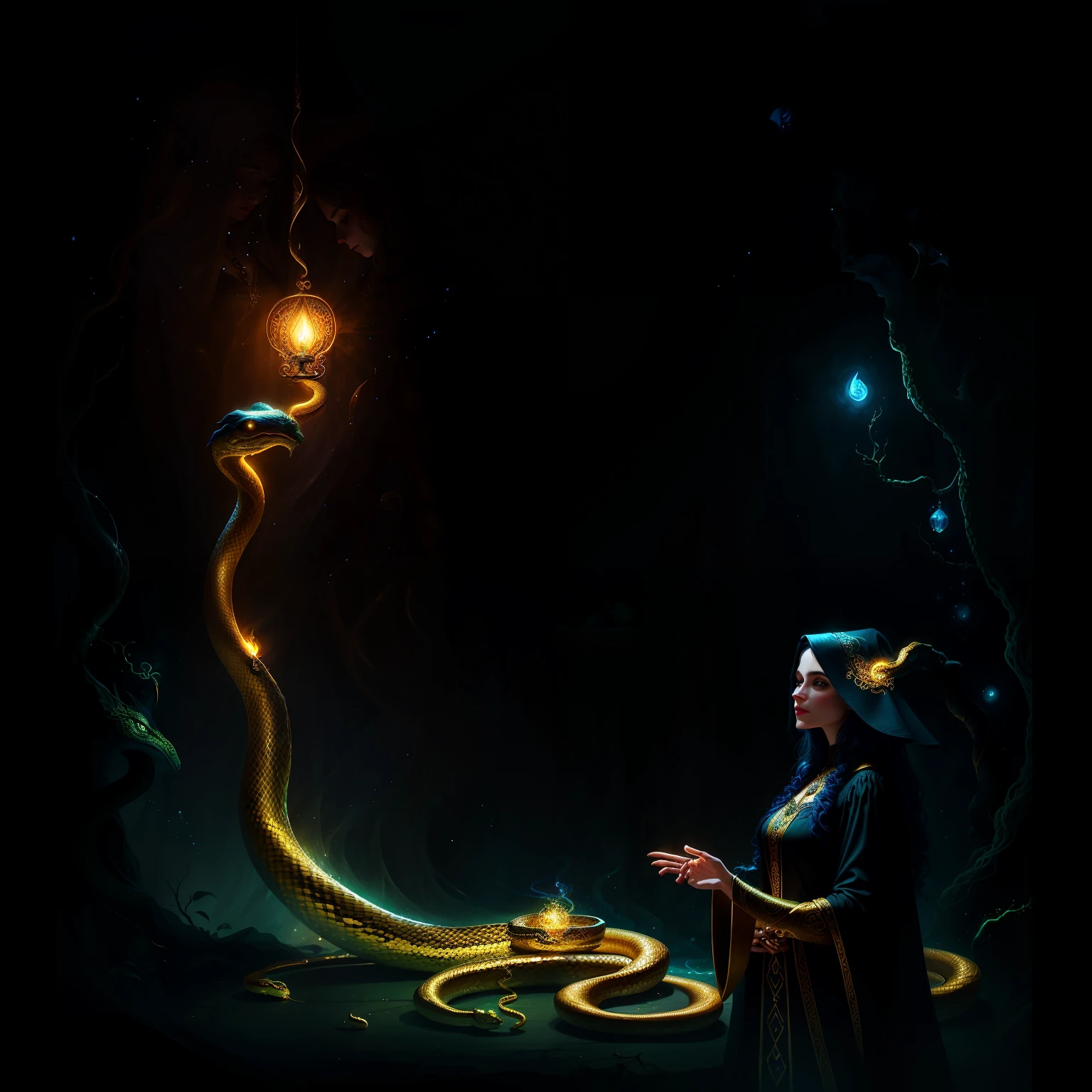 Picture an enchanting illustration of a witch, her dark robe shrouding her figure in mystery. Her honeyed eyes gleam with ancient wisdom as she gazes intently into the distance. A golden snake coils around her, its scales shimmering in the ethereal moonlight. The serpent's eyes are bright and alert, reflecting a subtle intelligence. The witch's hand rests gently on the snake's head, her touch conveying a deep bond between them. The intricate details of the illustration bring the witch and the golden snake to life, immersing the viewer in a world of magic and wonder. The image exudes an aura of enchantment and power