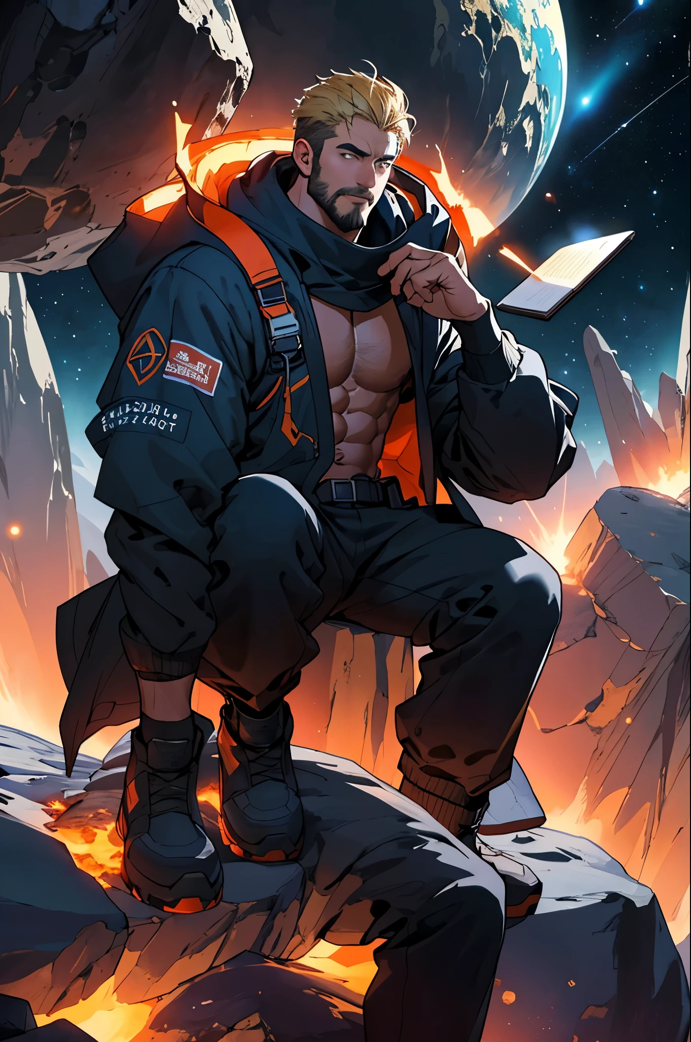 Draw an adult programmer, sitting on a research platform floating in the middle of an asteroid belt. He is studying with a notebook, surrounded by several asteroids glowing with fiery auras. Dramatic lighting from distant stars and planets illuminates the scene, casting deep shadows on the suit. The adult man looks confident and determined, looking at the vast and mysterious universe with wonder and respect, facial hair, cowboy shot, shirtless, blonde