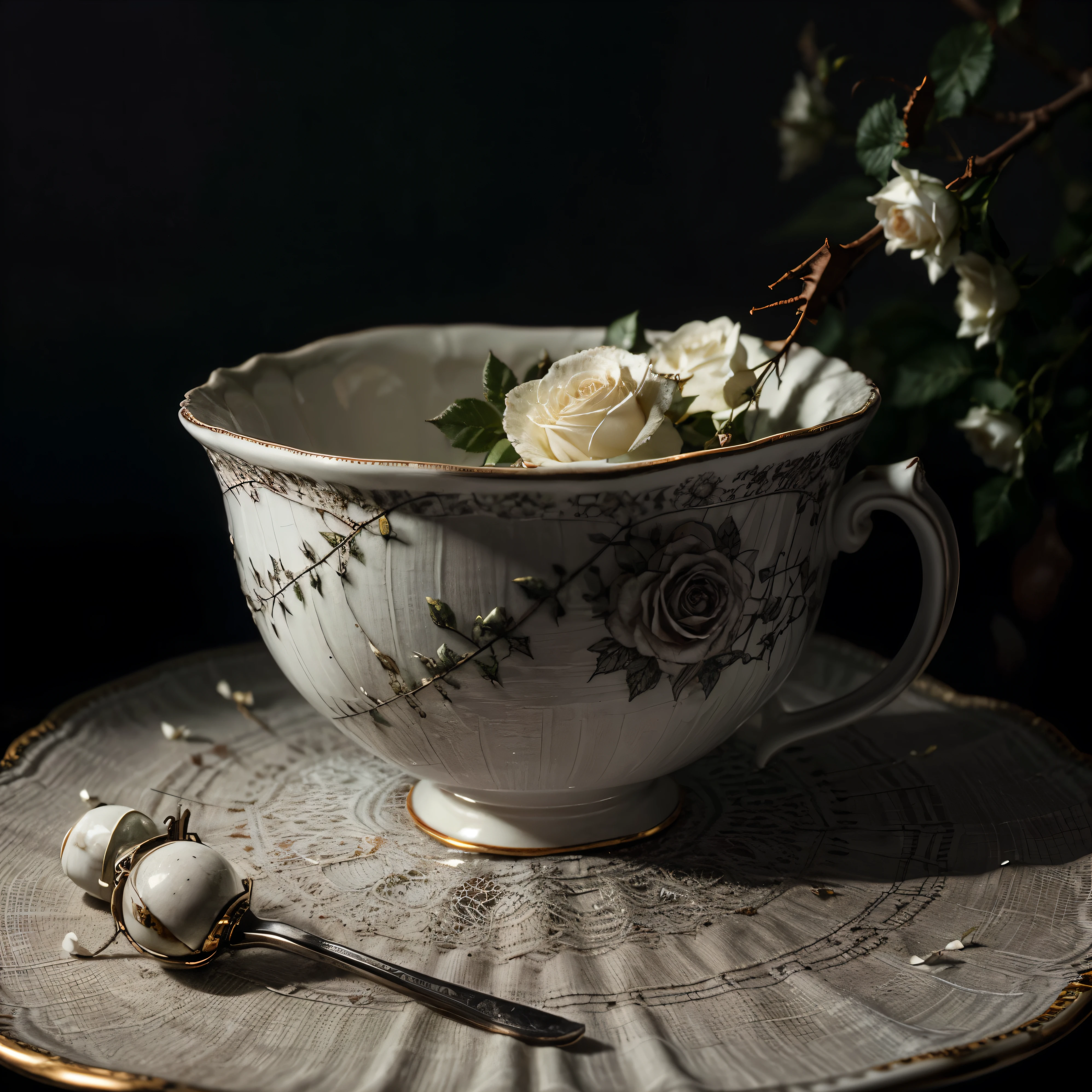 [SUBJECT] A seamless repeating pattern featuring a chipped and cracked porcelain teacup (weight: 1.2) overflowing with wilted white roses (weight: 1.2) and black thorns (weight: 1.2). The background is shrouded in mist (weight: 1.2).
[MEDIUM] Digital art
[STYLE] Surrealism with a gothic influence
[COLOR] Monochromatic with hints of white for the roses (weight: 1.2).
[LIGHTING] Soft, ethereal lighting with a touch of mystery (weight: 1.2).
[ADDITIONAL DETAILS] Delicate spiderwebs drape across the teacup and roses (weight: 1.2). The pattern should seamlessly repeat in all directions.