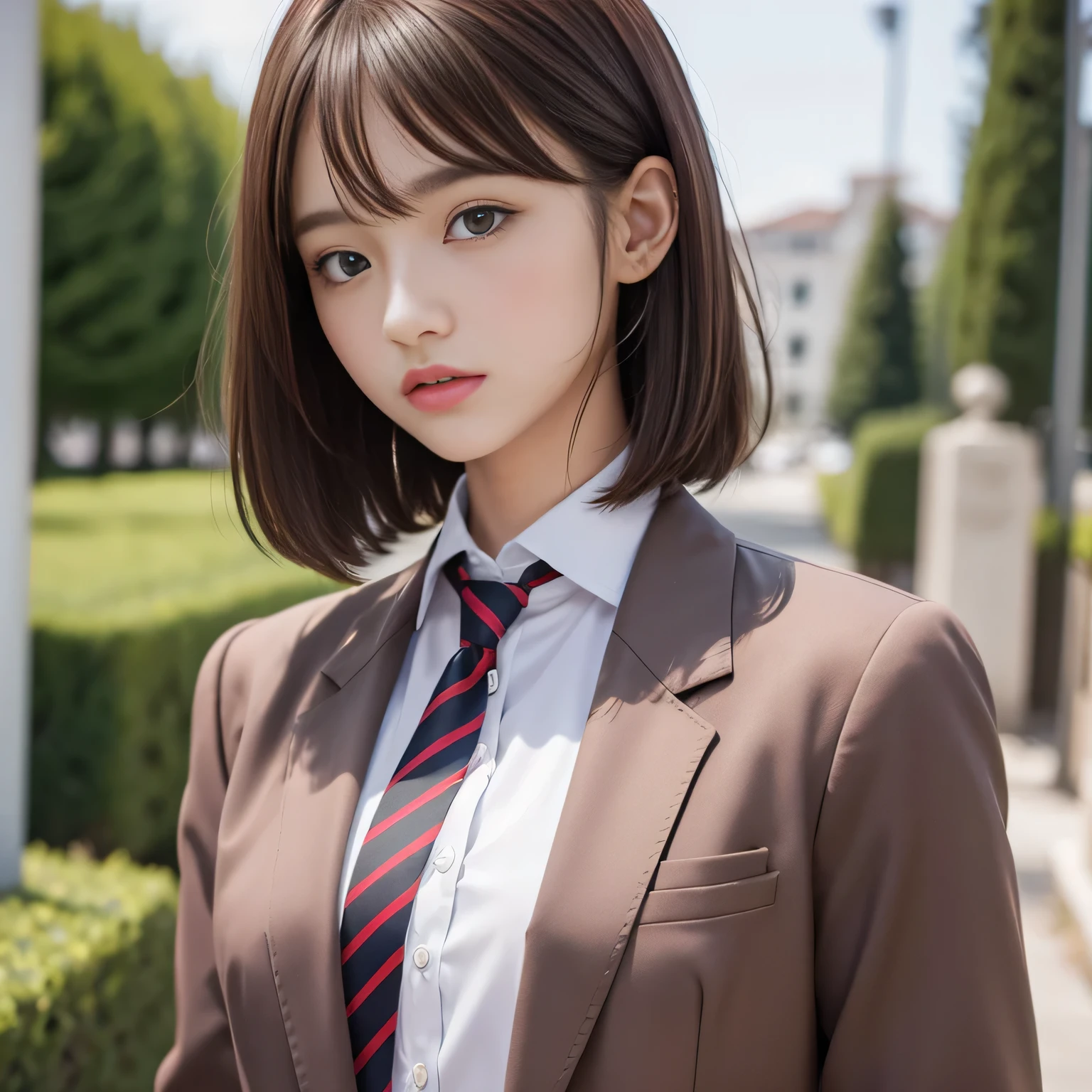 18 year old high school girl、Blazer uniform、Ultra-high resolution、Powerful Images、8K Slender Woman、Super big 、Brown hair short bob