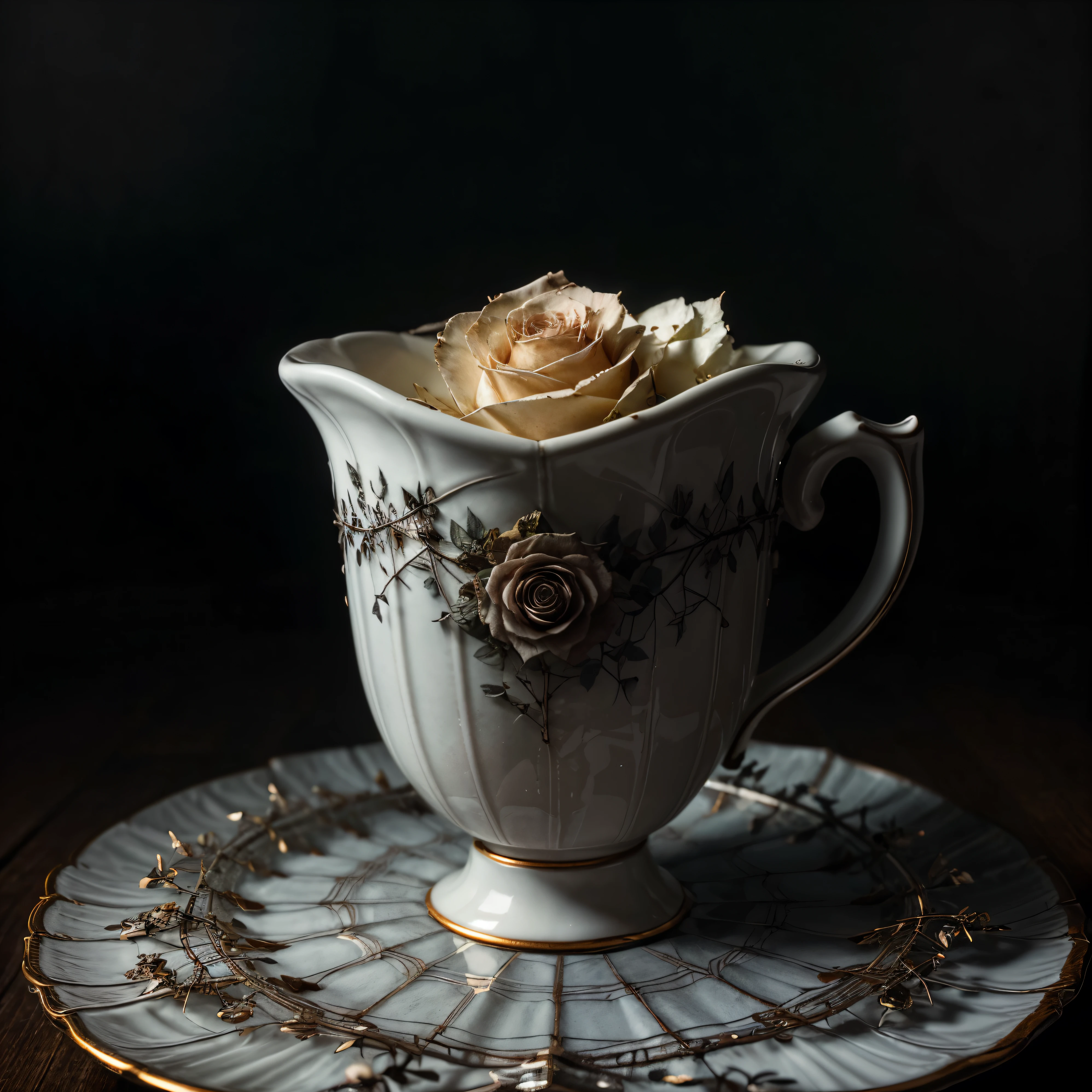 [SUBJECT] A seamless repeating pattern featuring a chipped and cracked porcelain teacup (weight: 1.2) overflowing with wilted white roses (weight: 1.2) and black thorns (weight: 1.2). The background is shrouded in mist (weight: 1.2).
[MEDIUM] Digital art
[STYLE] Surrealism with a gothic influence
[COLOR] Monochromatic with hints of white for the roses (weight: 1.2).
[LIGHTING] Soft, ethereal lighting with a touch of mystery (weight: 1.2).
[ADDITIONAL DETAILS] Delicate spiderwebs drape across the teacup and roses (weight: 1.2). The pattern should seamlessly repeat in all directions.
