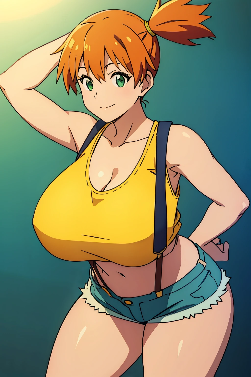 midriff, orange_hair, side_ponytail, crop_top, looking_to_the_side, eyelashes, bare_legs, sleeveless_shirt, leaning_forward, arm_support, suspenders, tank_top, denim_shorts, yellow_shirt, hair_tie, green_shorts, suspender_shorts, yellow_tank_top, misty, huge breasts, curvy, seductive smile, underboob, thick thighs,