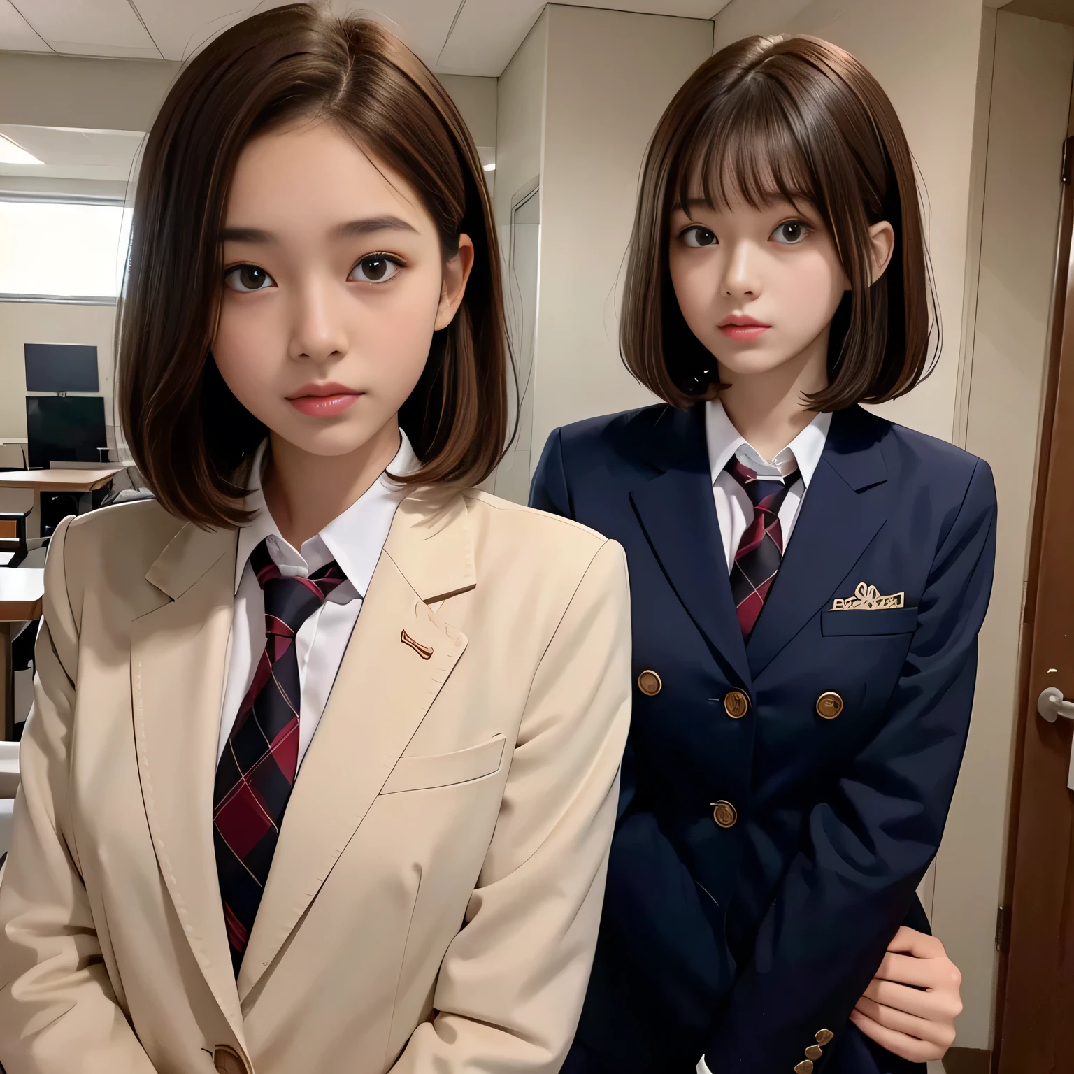 18 year old high school girl、Blazer uniform、Ultra-high resolution、Powerful Images、8K Slender Woman、Super big 、Brown hair short bob