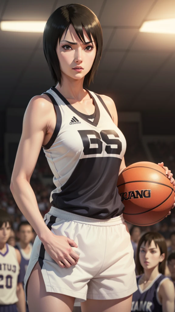 Shizune, short hair, hairband, black eyes, beautiful, gorgeous woman, perfect body, perfect breasts, wearing a basketball jersey, on the basketball court, holding a basketball