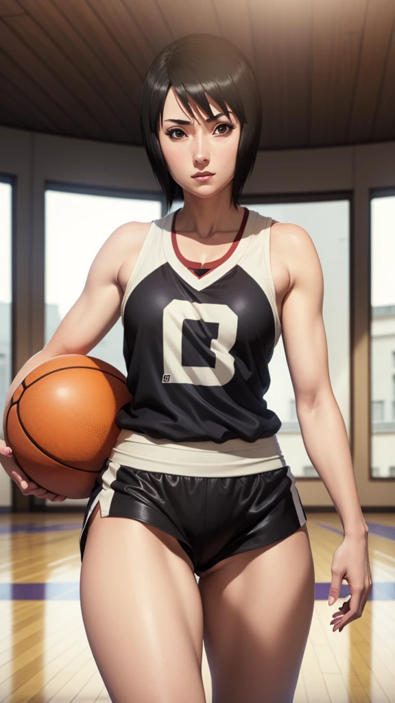 Shizune, short hair, hairband, black eyes, beautiful, gorgeous woman, perfect body, perfect breasts, wearing a basketball jersey, on the basketball court, holding a basketball