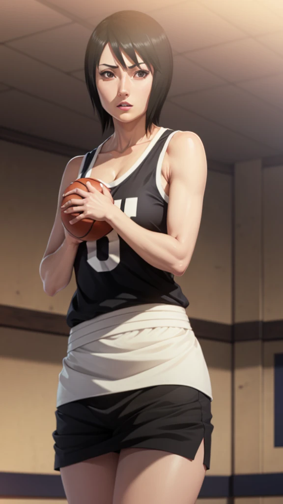 Shizune, short hair, hairband, black eyes, beautiful, gorgeous woman, perfect body, perfect breasts, wearing a basketball jersey, on the basketball court, holding a basketball