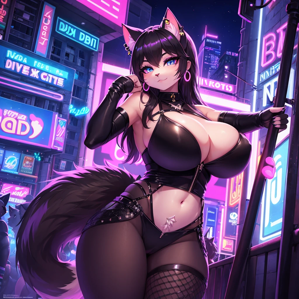 1 girl, (detailed fluffy fur), (furry cat:1.4), two-tone hair, (high quality), high resolution, detailed eyes, detailed shadows, (clubbing outfit:1.3), (high quality), high resolution (digital painting), (8k), tail, (large breasts:1.2), massive cleavage, (black fur:1.1), city buildings, skyline, (neon lights: 1.1), night, crowded, bright light, detailed eyes, makeup, eyeliner, earrings on cat ears, seductive pose,