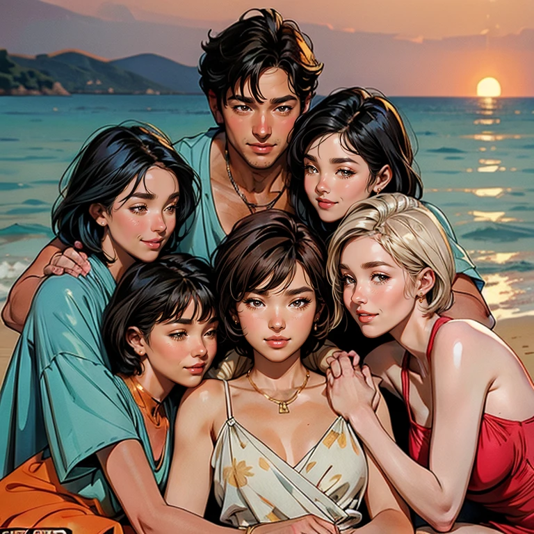 One Handsome (((short-haired-Chad))) hugging three beautiful bitches tackling him and touching him and snuggling him and gripping him and massaging him,  dressed for the beach, perfect bodies, so many women: long flowing hair, flowers in hair, seductive, materials, golden hour, , jewelry, golden hour, photorealistic, masterpiece, in love, grins, perfect faces, Flirtatious, setting: a beach, harem, watercolor, on blanket, laughing and drinking, everybody is JOYFULLY looking at somebody else