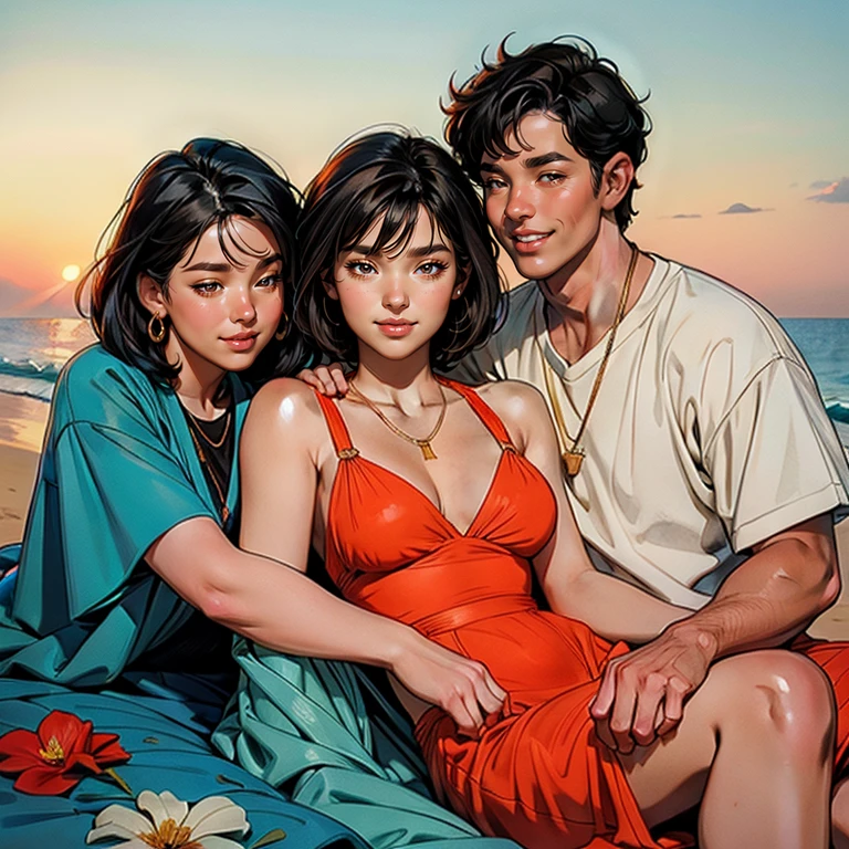 One Handsome (((short-haired-Chad))) hugging three beautiful bitches tackling him and touching him and snuggling him and gripping him and massaging him, dressed for the beach, perfect bodies, so many women: long flowing hair, flowers in hair, seductive, materials, golden hour, , jewelry, golden hour, photorealistic, masterpiece, in love, grins, perfect faces, Flirtatious, setting: a beach, harem, watercolor, on blanket, laughing and drinking, everybody is JOYFULLY looking at somebody else
