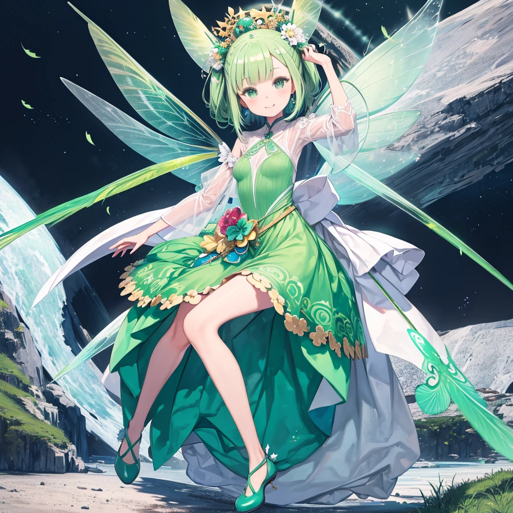masterpiece、highest quality、High resolution、Very detailed、Girl、Fairy、Fairy、Dragonfly feathers、Green Hair、Chignon、Green dress、Green shoes、See-through clothing、Lots of flowers、grassland、Very 、flying、smile、Fantasy、field、