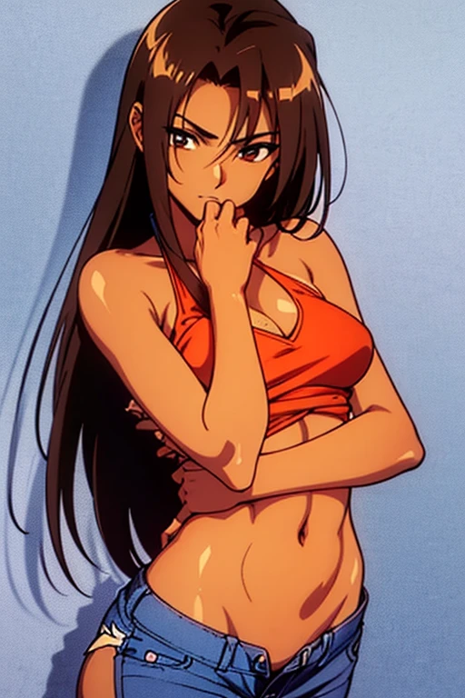 ((best quality)), ((masterpiece)), (detailed), dark tanned skin anime woman in a deep V-neck tied top, (bare shoulders), (bare arms), (jeans), (long hair), starving, (resting hands on the stomach), (hands on the stomach), (slim body), (smooth and shiny skin), resting hands on top of the tummy