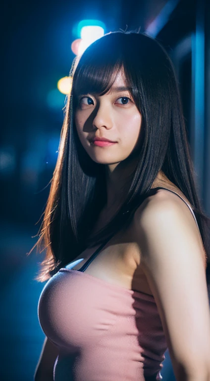 (masutepiece, Best Quality, ultra-detailliert:1.3), Perfect composition, 4K, (Extremely detailed, Hyper Detailed), Soft lighting, raw, nffsw, 8K textures, Extreme Detail, High detailed skin texture, epic detail, High Sharpness, 1girl in, (Detailed eyes:1.3), (18 years old girl:1.3), (skinny), (Big breasts), , in a street, In public, Night Street, night lights, neon light, Anime, Illustration,