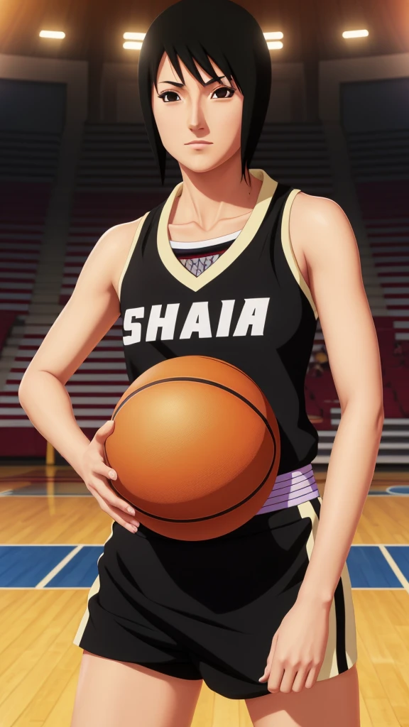 Shizune, short hair, hairband, black eyes, beautiful, gorgeous woman, perfect body, perfect breasts, wearing a basketball jersey, on the basketball court, holding a basketball