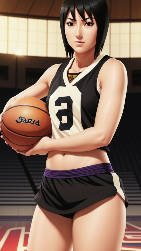 Shizune, short hair, hairband, black eyes, beautiful, gorgeous woman, perfect body, perfect breasts, wearing a basketball jersey, on the basketball court, holding a basketball