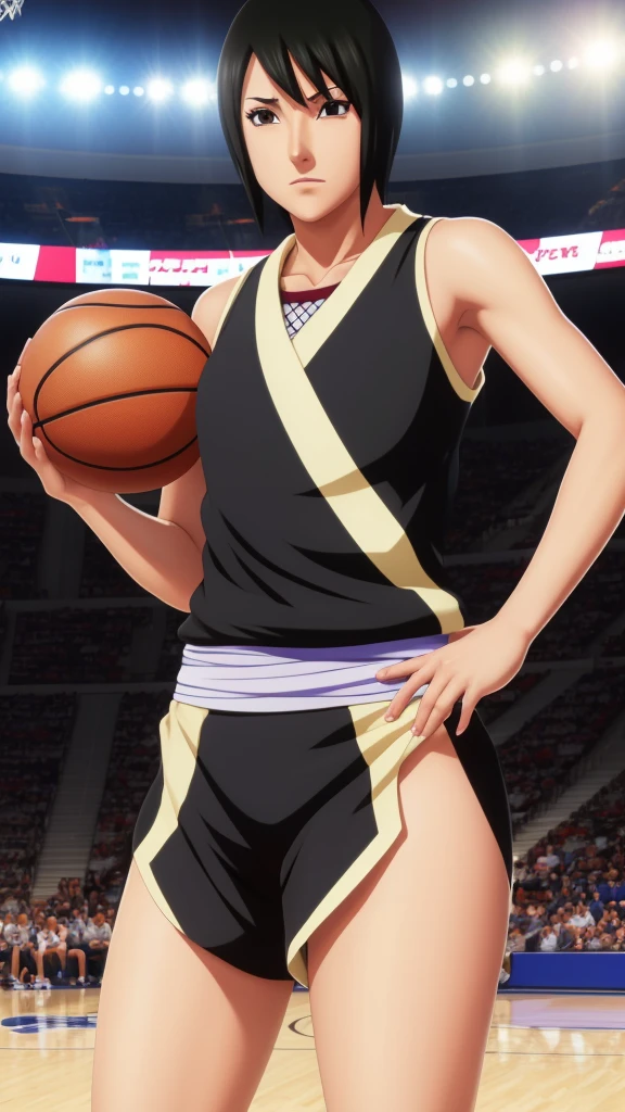 Shizune, short hair, hairband, black eyes, beautiful, gorgeous woman, perfect body, perfect breasts, wearing a basketball jersey, on the basketball court, holding a basketball