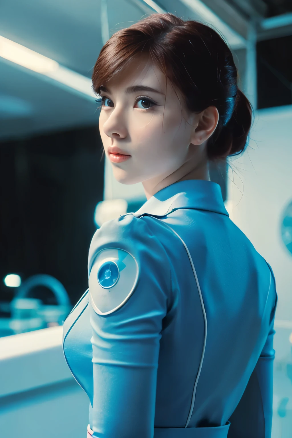 (1girl:1.3), solo, __body parts__ delicate and realistic skin, pale skin, big, official art, unified 16k wallpaper, ultra detail, beauty and aesthetics, beauty, masterpiece, best quality, in cyberpunk city, fantastic atmosphere, calm color palette, peaceful mood, soft shadows, flight attendant uniform, glamour