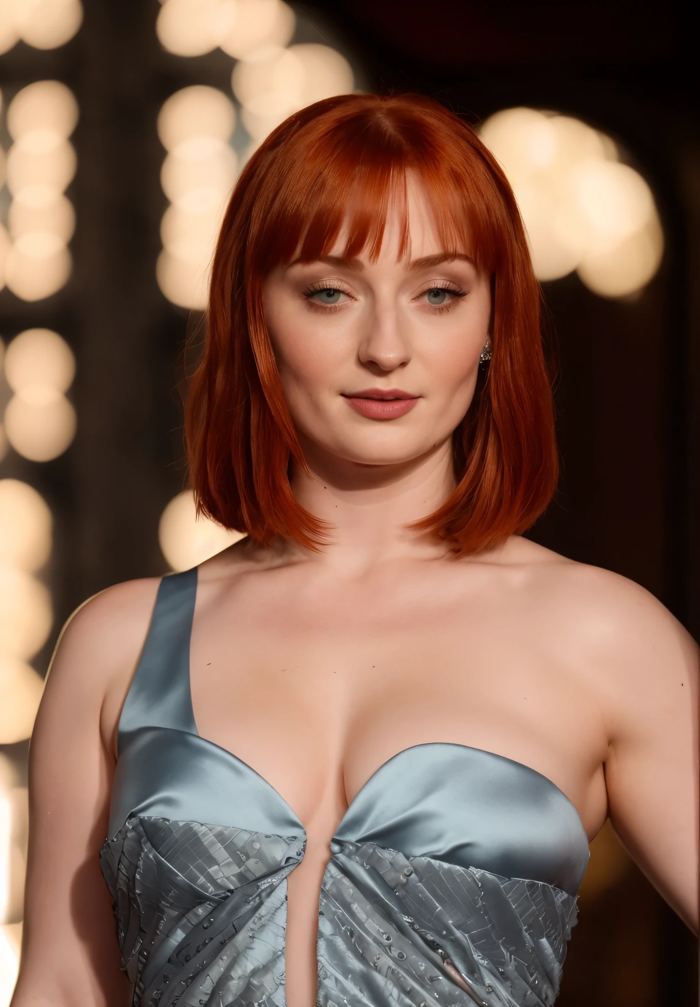 Face of Sophie Turner, Sansa Stark played by Sophie Turner, the de facto Lady of the Eyrie, is a 40-year-old mature queen with a stunning, alluring appearance. Full Face, pierced eyes, reddish lips, upper body shot, erotic Mediaeval costumes, game of thrones costumes, She wears a Game of Thrones-inspired costume and has a deep cleavage, a perfect thick body, and a perfect thick figure. The photograph captures her in a close-up, with her skin texture and facial features being ultra-realistic and realistic. Juicy thick figure, high quality skin, Skin pores, amazing details,