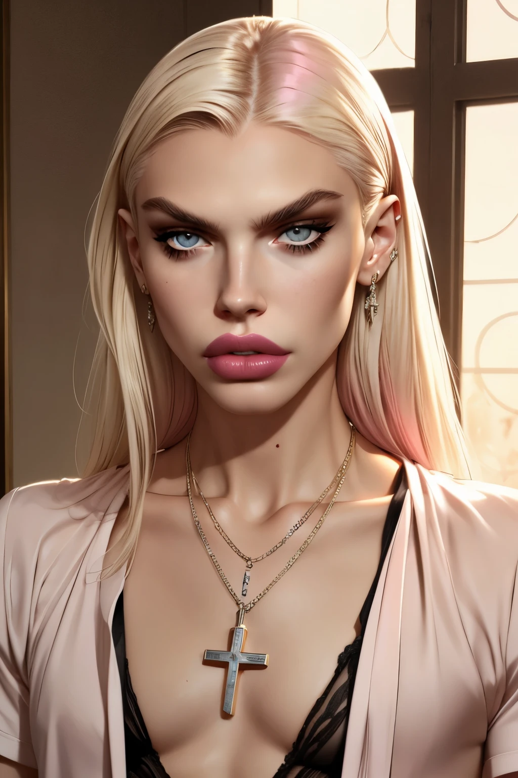 boy avatar, andrej pejic, long blonde hair, gray eyes, sharp features, bimbo lips, pink lipstick, sexy look, cross necklace, black mans shirt, soft male body.