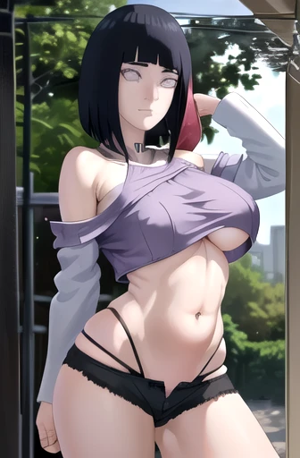 masterpiece, 4k, portrait, cowboy shot, (PLAYGROUND BACKGROUND), professional artwork, intricate details, colorful, digital blending, (ultra detailed body, ultra detail hair, ultra detail face),(navel, belly button), slender body, slender belly,Naruto hinata Big breast, Big butt,purple off shoulder open chest crop top and tight underwear ripped shorts,