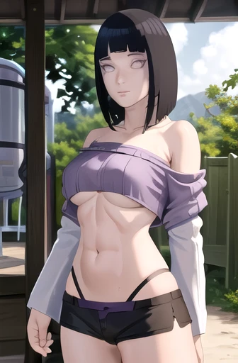 masterpiece, 4k, portrait, cowboy shot, (PLAYGROUND BACKGROUND), professional artwork, intricate details, colorful, digital blending, (ultra detailed body, ultra detail hair, ultra detail face),(navel, belly button), slender body, slender belly,Naruto hinata Big breast, Big butt,purple off shoulder open chest crop top and tight underwear ripped shorts,