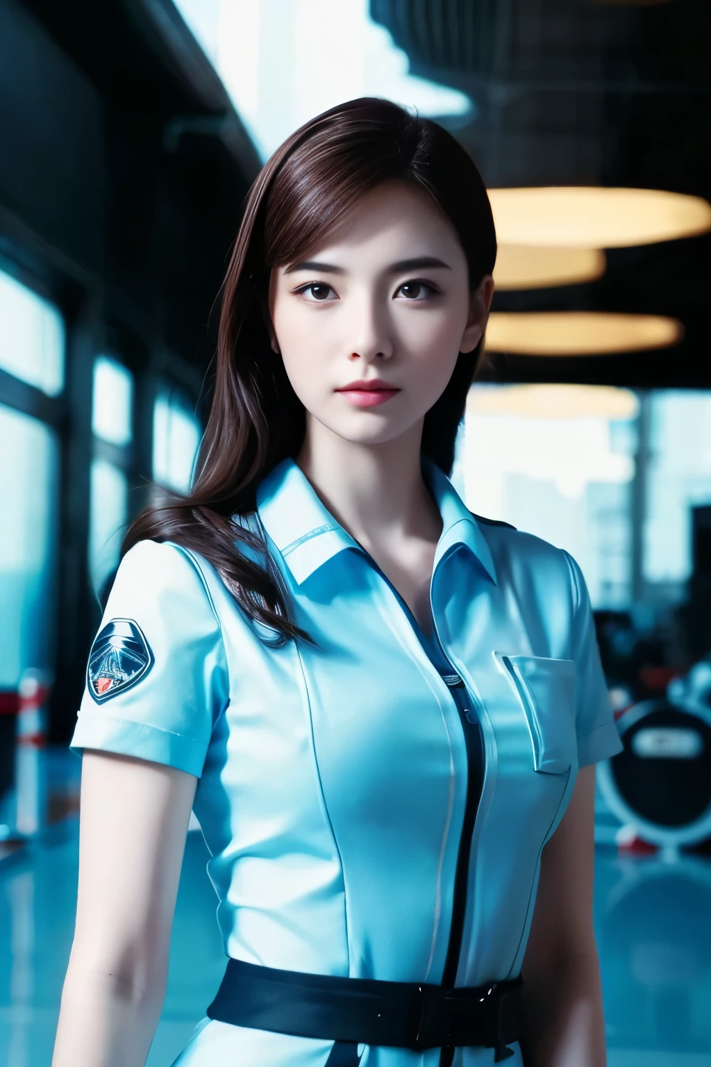 (1girl:1.3), solo, __body parts__ delicate and realistic skin, pale skin, big, official art, unified 16k wallpaper, ultra detail, beauty and aesthetics, beauty, masterpiece, best quality, in cyberpunk city, fantastic atmosphere, calm color palette, peaceful mood, soft shadows, flight attendant uniform, glamour