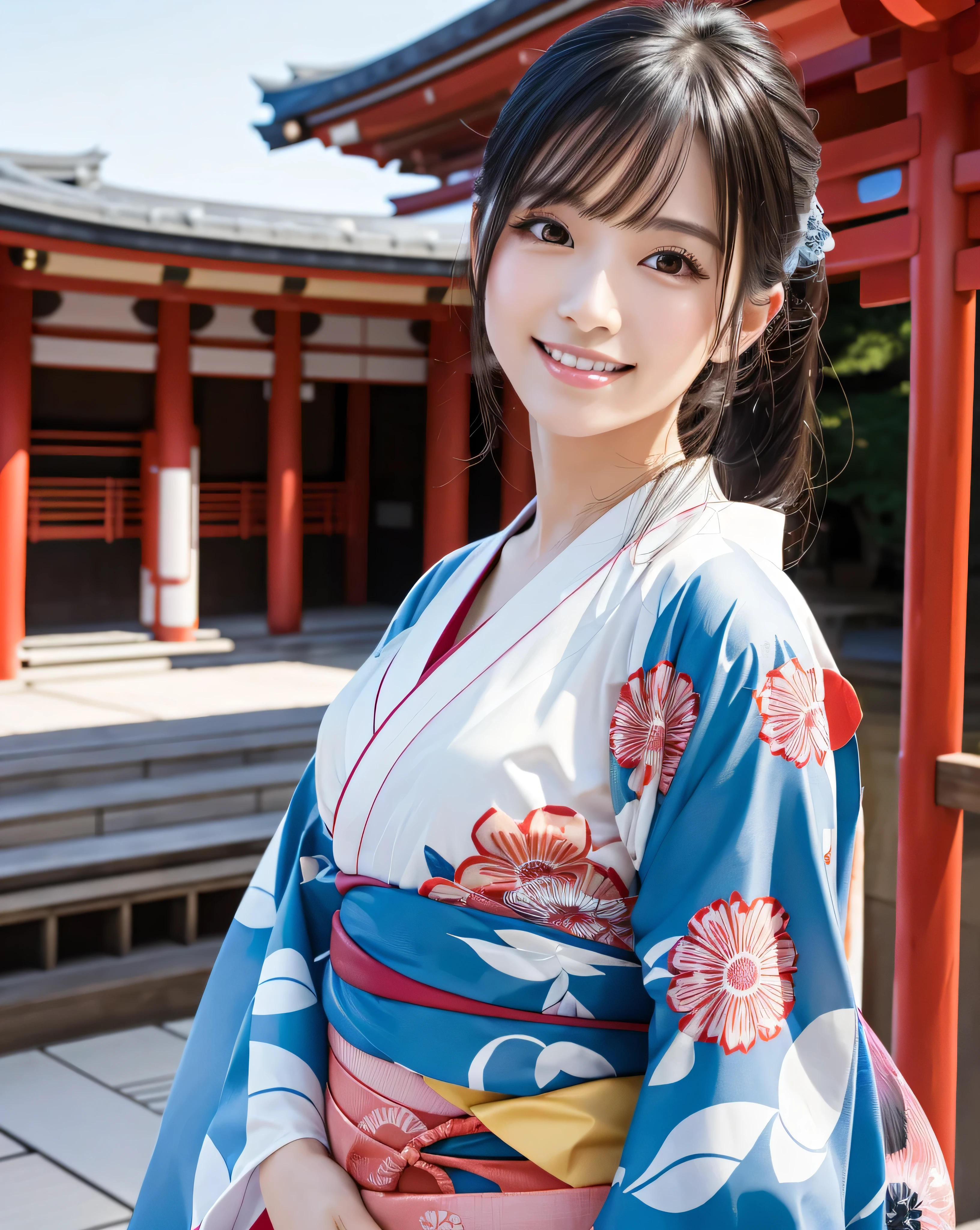 (highest quality, 32k, High resolution, Masterpiece:1.5, ), marimo_jet, Transparent air, Beautiful Japanese Girl, one person, Very beautiful face, Shiny black hair, ponytail, Asymmetrical bangs, Magical big eyes, A loving look, Double eyelids, Clear, smooth, white skin, Pale pink detailed lips, White and perfect teeth, Bright makeup, Motherhood and generosity, A gentle smile, Red kimono, ((traditional Japanese Yukata)), Dazzling summer sunshine, Japanese cityscape, detailed blue sky, Professional Lighting, Professional photographer, Professional models, mysterious