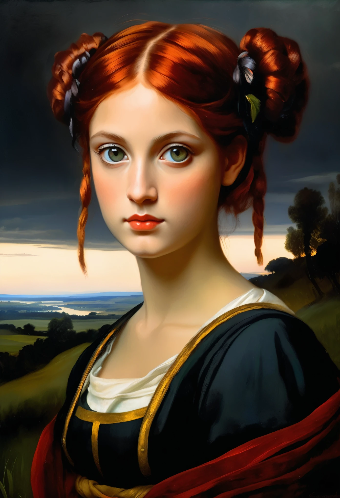 [[(front full portrait: (young Hera Hilmar) (solo) with big eyes and a red short hair two pigtails , apple)((Agnolo Bronzino style!!!))])):20]/[background: landscape
 dark Renaissance, old canva, (noir night), ((russian landscape style Alexey Savrasov:1,6))]/[two-color lighting, ((oil painting palette knife))((masterpiece)),((highest detail))]]