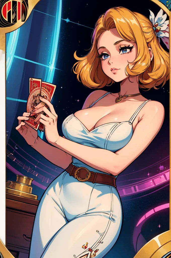 Imagine a 70's woman open a packaging of a playing card inspired by solfège, music box, radio, from 70's, retro artstyle, inspired by the artstyle of 70's