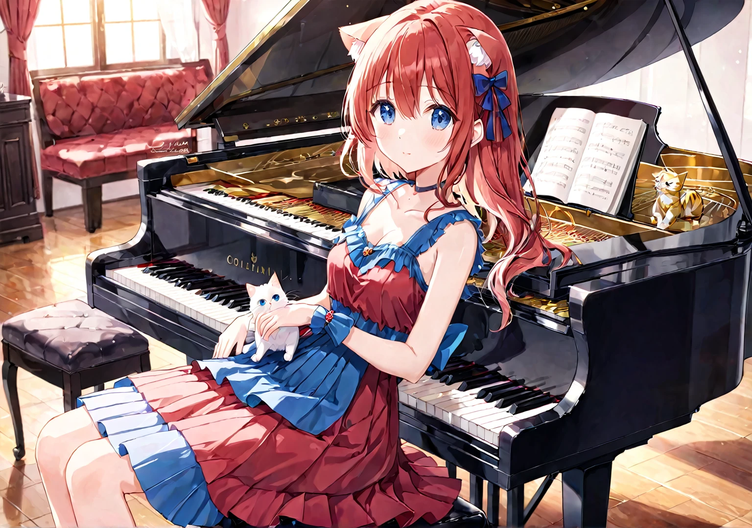 1 girl,anime girl playing piano with cat sitting on the piano, full piano, pianist, playing piano, piano in the background,piano, anime highly detailed, official artwork, anime cover, fine details. ,BREAK kawaii,{red dress|blue dress},Fluttery pleated skirt, collarbone visible