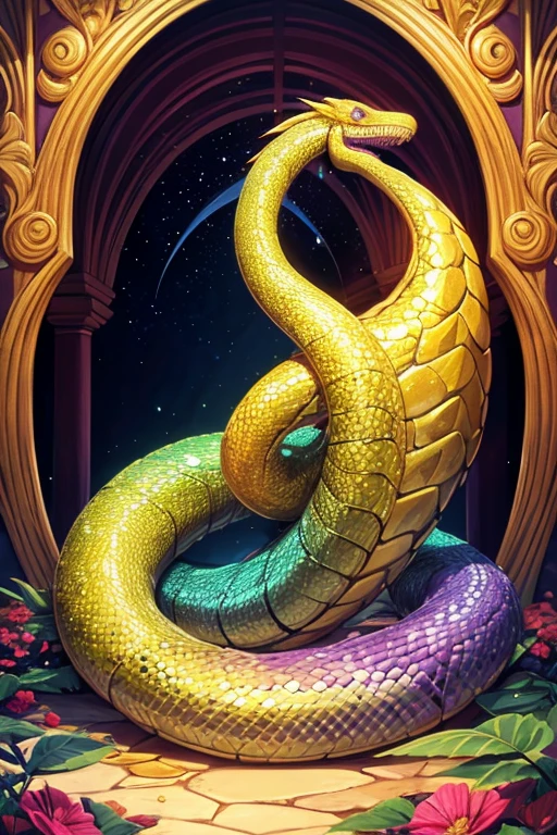 Una Serpiente real reptil de escamas de color morado con adornos de oro decoraciones doradas ojos de color rojos en fonde de un bosque mirando de frente