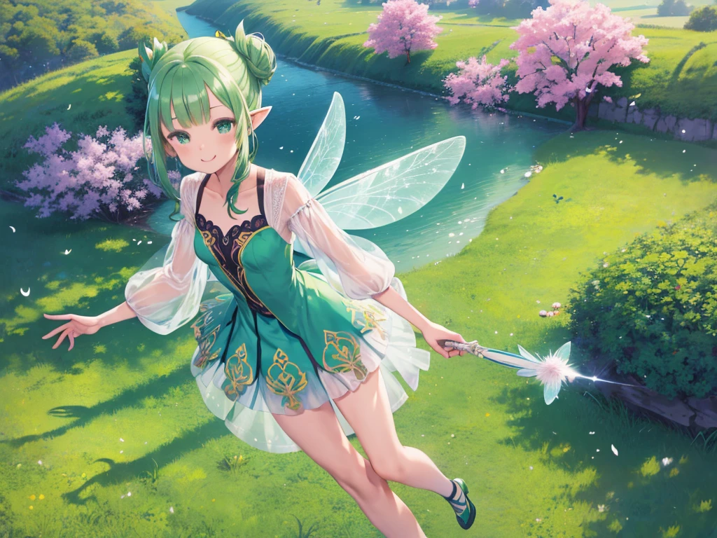 masterpiece、highest quality、High resolution、Very detailed、Girl、、(Fairy、Fairy)、Dragonfly feathers、Green Hair、Chignon、Pointed Ears、Green dress、Green shoes、See-through clothing、Lots of flowers、grassland、blue sky、Big Head、Very 、flying、smile、Fantasy、field、