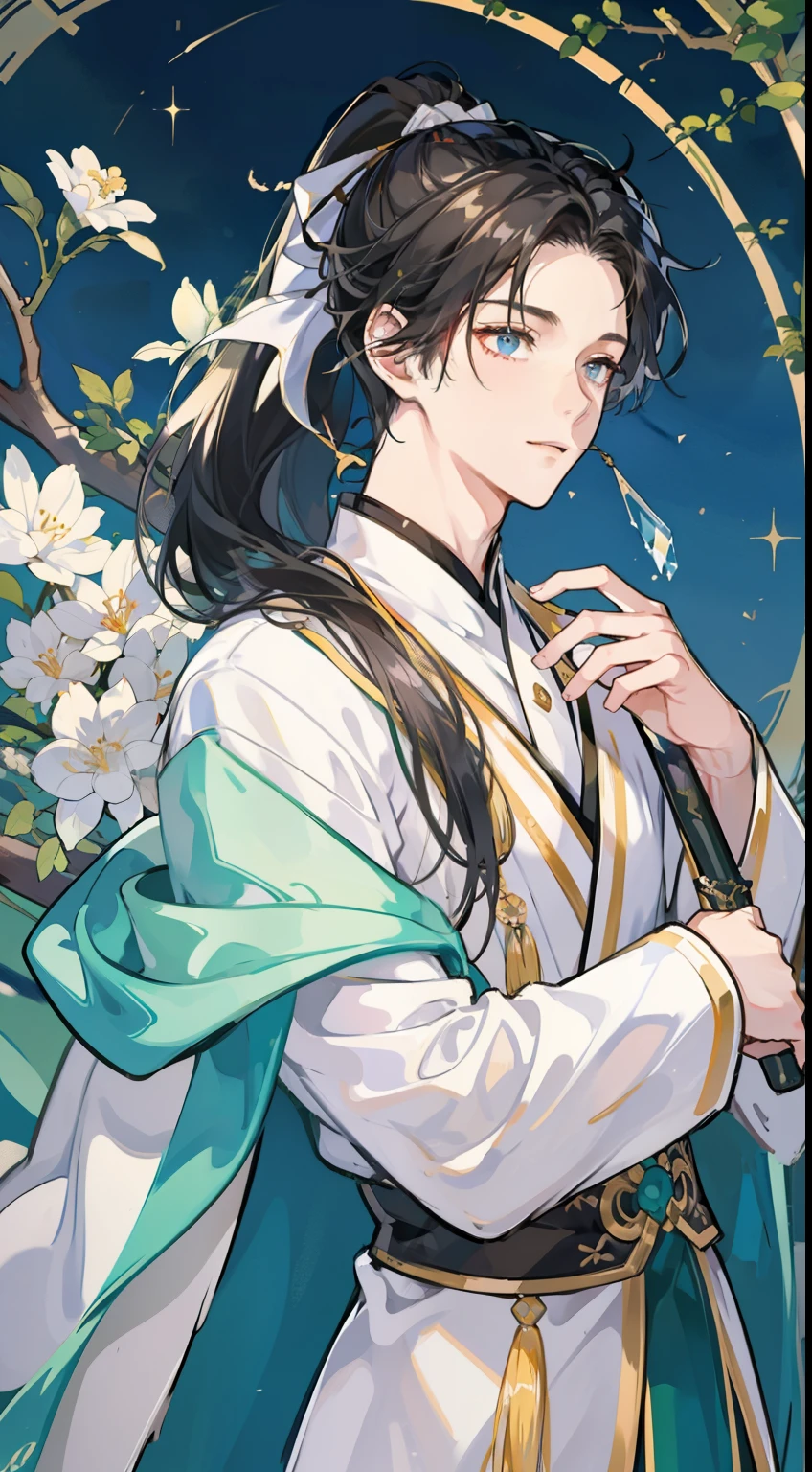 Masterpiece, best quality, 1 man,white hanfu,Long Hanfu Costume,simple,black hair,Long hair in a ponytail,crown, bamboo tree, young man, Tall man, bright theme, magic circle, bubble, Rainbow sunshine, sky, reflective glass, floating glass pieces, Rainbow Light, bubbleสบู่หมุนวน, whirlwind, Aurora, Fantasy scenery, Starlight around the character, (upper body)