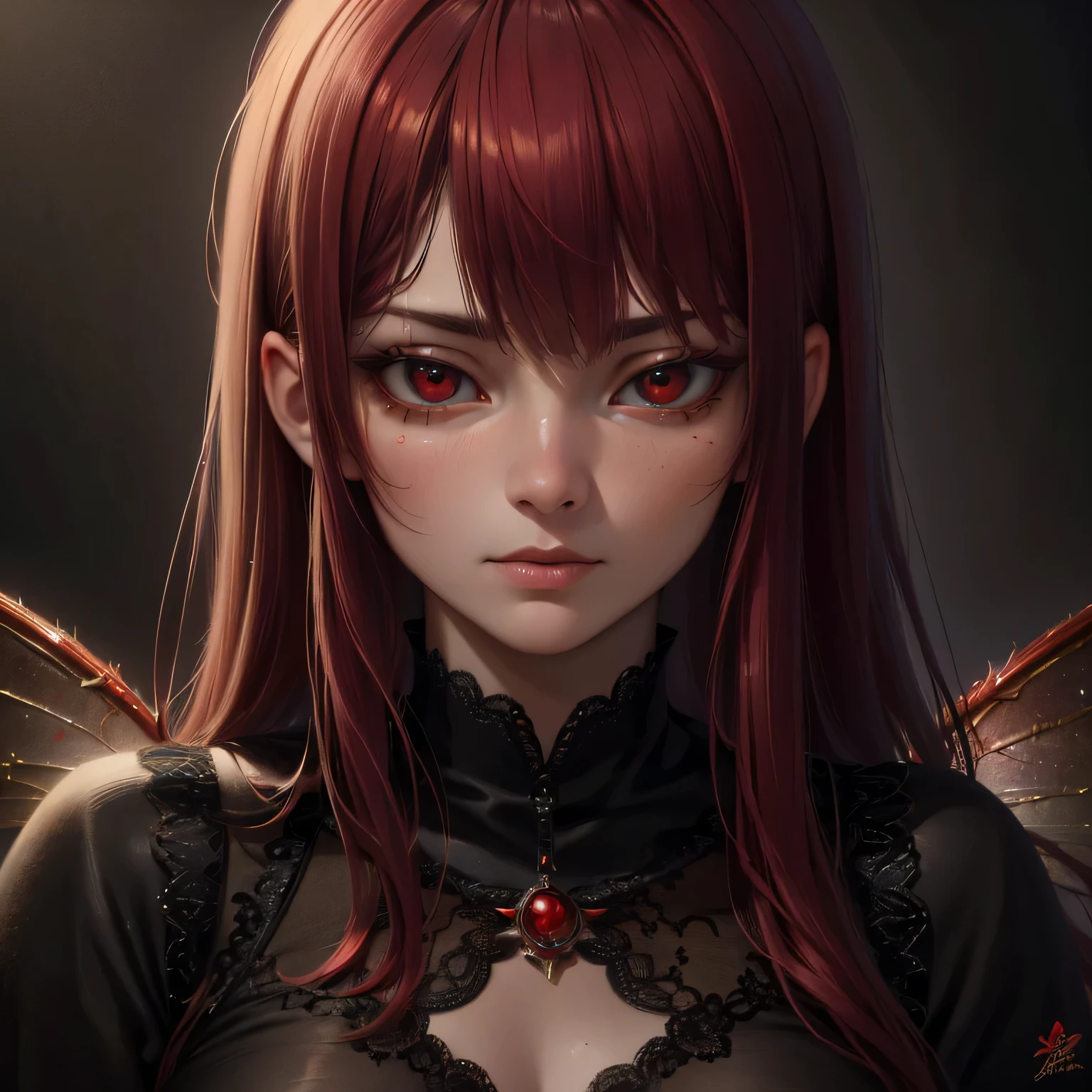 (best quality,highres:1.2),ultra-detailed,(realistic,photorealistic,photo-realistic:1.37),red fairy with red fairy wings,red hair, serious expression, wearing black outfit with red details,fairy,portrait,sharp focus,vibrant colors,soft lighting