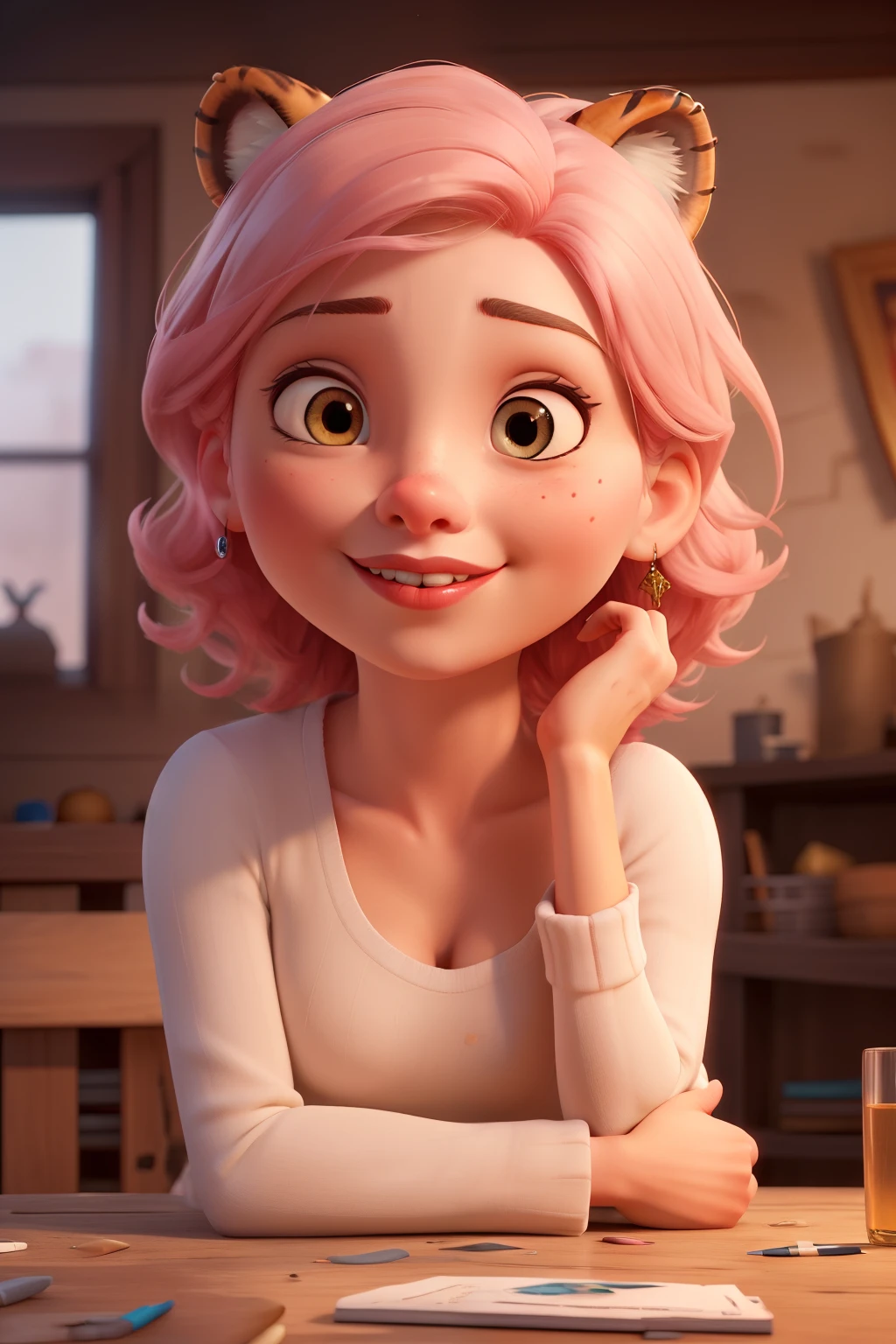 ((best quality)), ((artwork)), (detailed), perfect face
a young white woman with pink hair, medium mouth and red lipstick sits hugging a large tiger