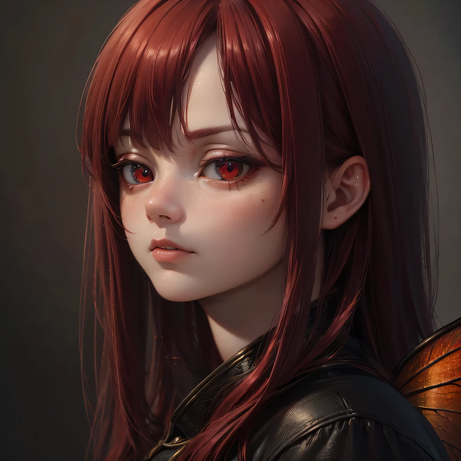(best quality,highres:1.2),ultra-detailed,(realistic,photorealistic,photo-realistic:1.37),red fairy with red fairy wings,red hair, serious expression, wearing black outfit with red details,fairy,portrait,sharp focus,vibrant colors,soft lighting