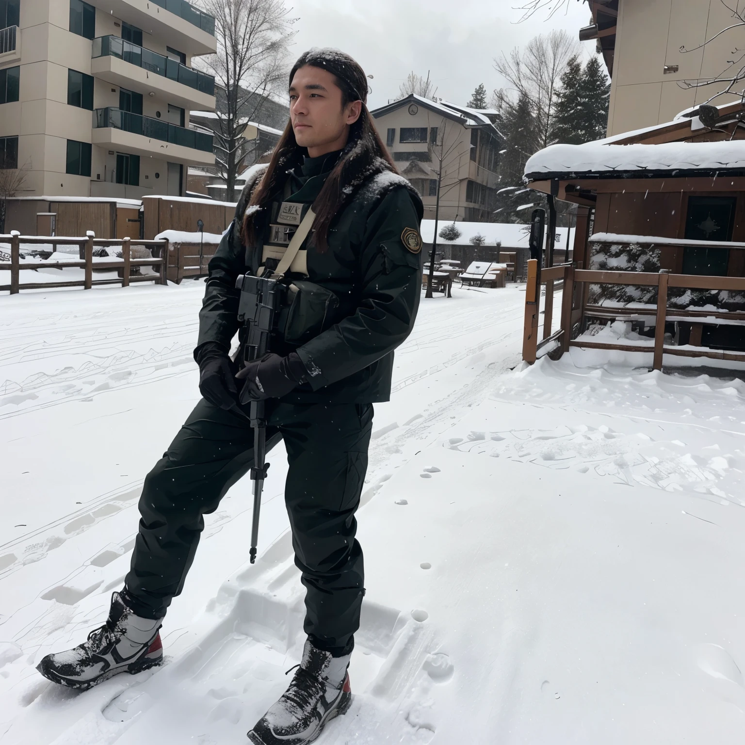 Special Forces,Long hair in the snow,配带Special Forces装备,full-body shot,from head to foot