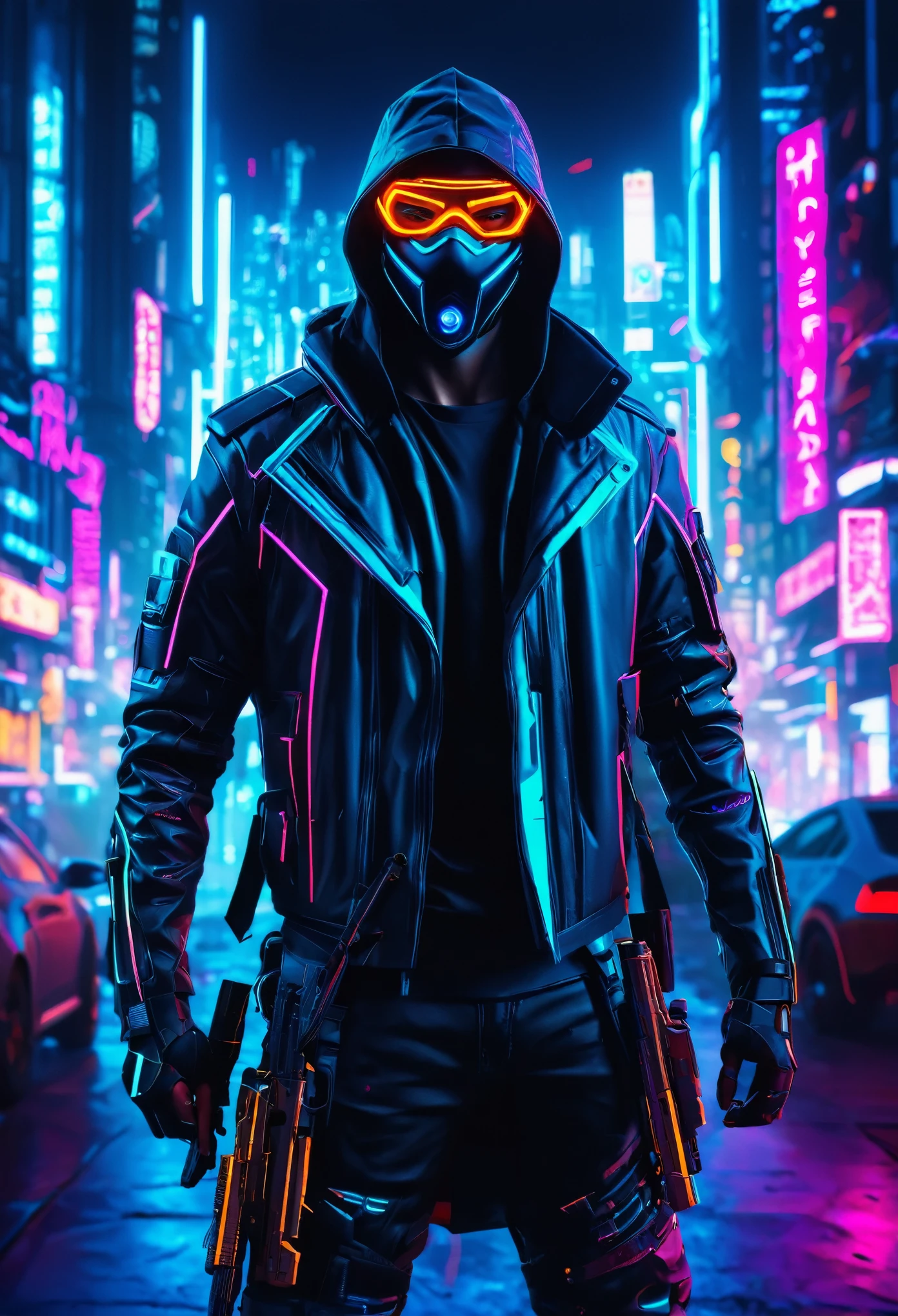 
Futuristic cyberpunk masked reward hunter, neon lights, cyberpunk city background, hyper realistic, without gun, protecting

