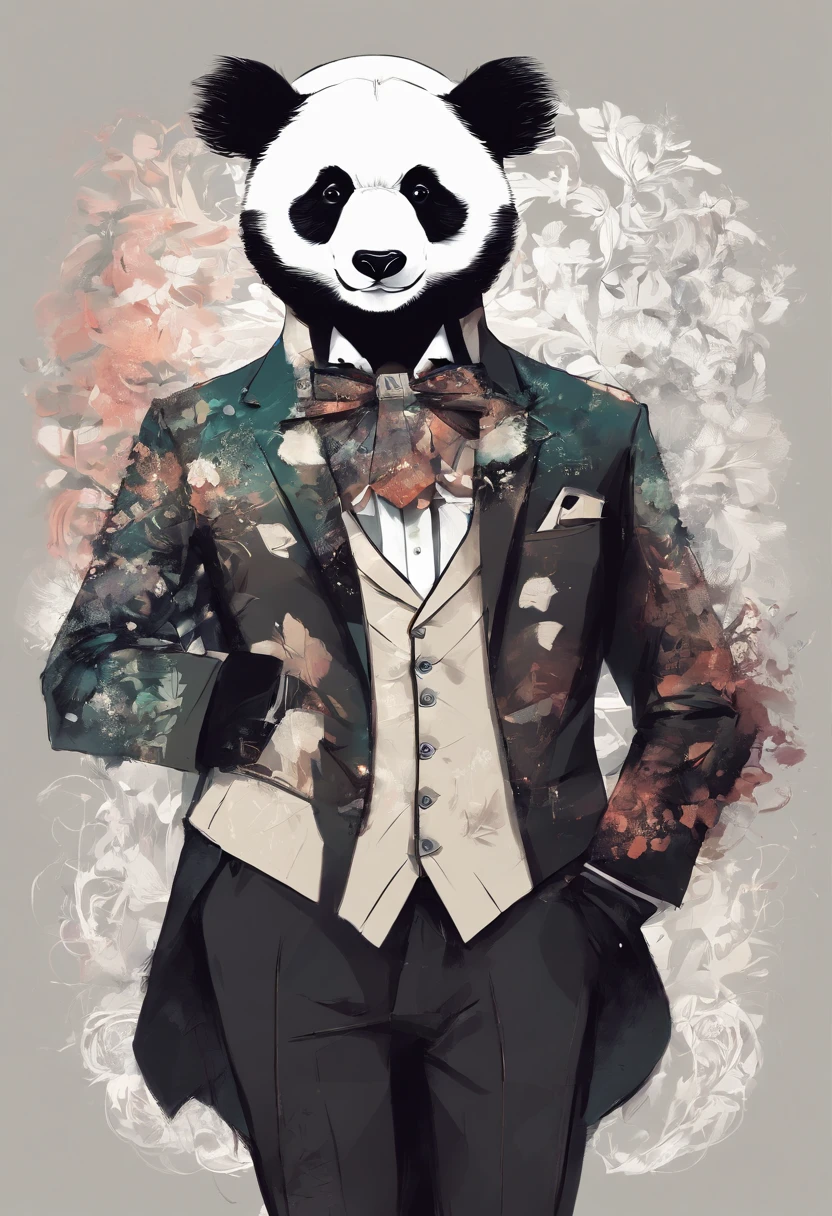 anthropomorphic panda, de cuerpo entero, vestido formalmente con un blazer, sostiene una bandeja, pegatina de panda, sticker de panda.