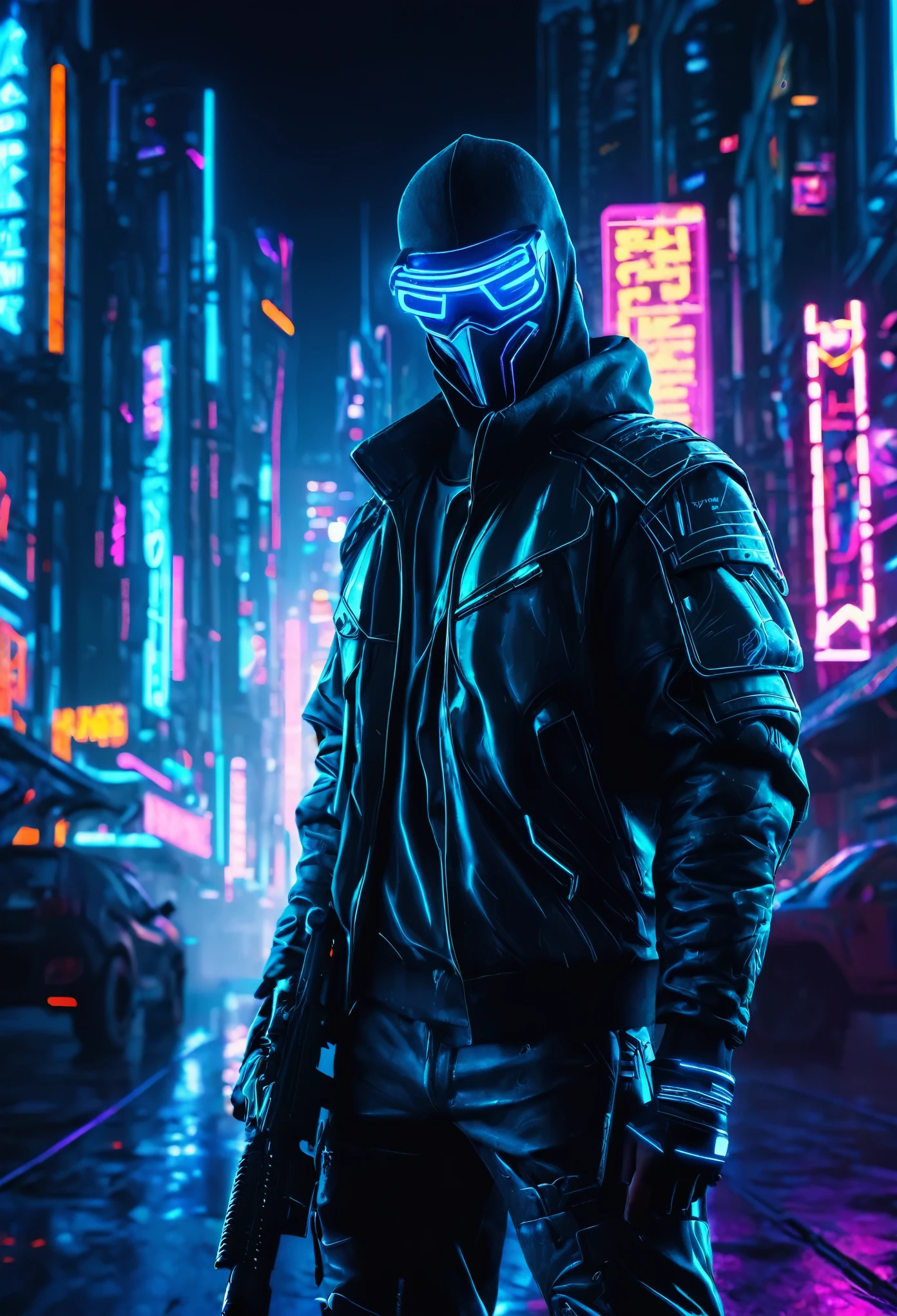 
Futuristic cyberpunk masked reward hunter, neon lights, cyberpunk city background, hyper realistic, without gun, protecting

