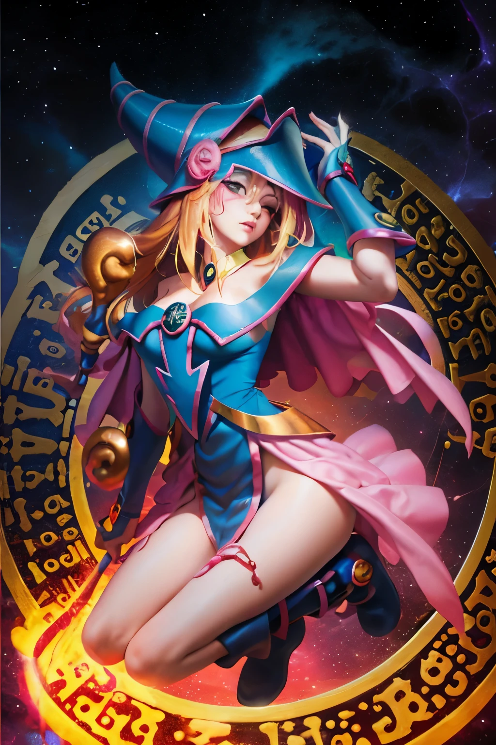 Giles magos oscuros. magos oscuros. ojos azules. cabello rubio. labios rojos. Detailed Features.., cosmic colors, ethereal lighting, Pintura surrealista, high resolution, otherworldly atmosphere, Seres celestiales. Hermosa diosa