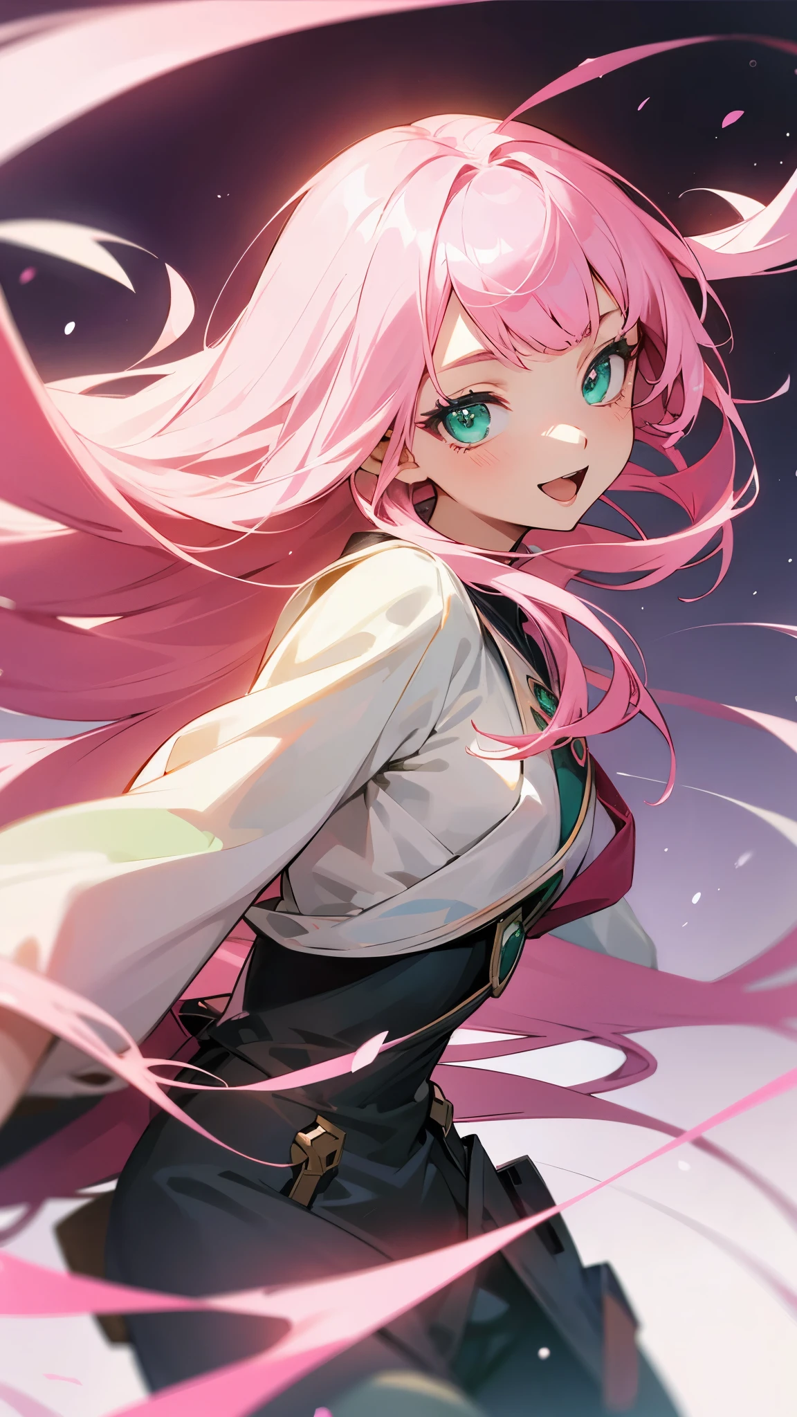 One Girl、single、alone、Beautiful Anime Girls、Pink Hair、Long Hair、bangs、Pink Hair、Straight hair、Green Eyes、Beautiful Eyes、Dynamic pose、Side body、smile、Open your mouth