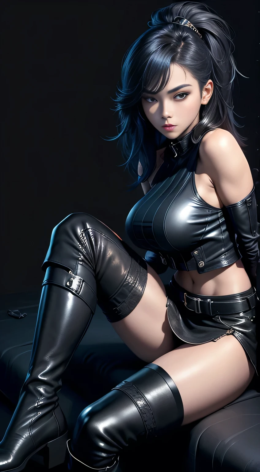 sfw,  ((lying on bed top view)), beautiful girl, full body, short bright blue neon streaked dishevelled hair, ((seductive pose:1.2)), (street style wear:1.2), ((tight fitted short skirt)), ((knee high leather boots:1.3)), (dark city night black background:1.4), dark makeup, digital art, trending on artstation, highly detailed, fine detail, intricate, beautiful detailed glow, detailed, Cinematic light, high-res, detailed facial features, sharp focus, smooth, aesthetic,, wearing bra,((skinny waist)), young asian girl, ((big breasted)),