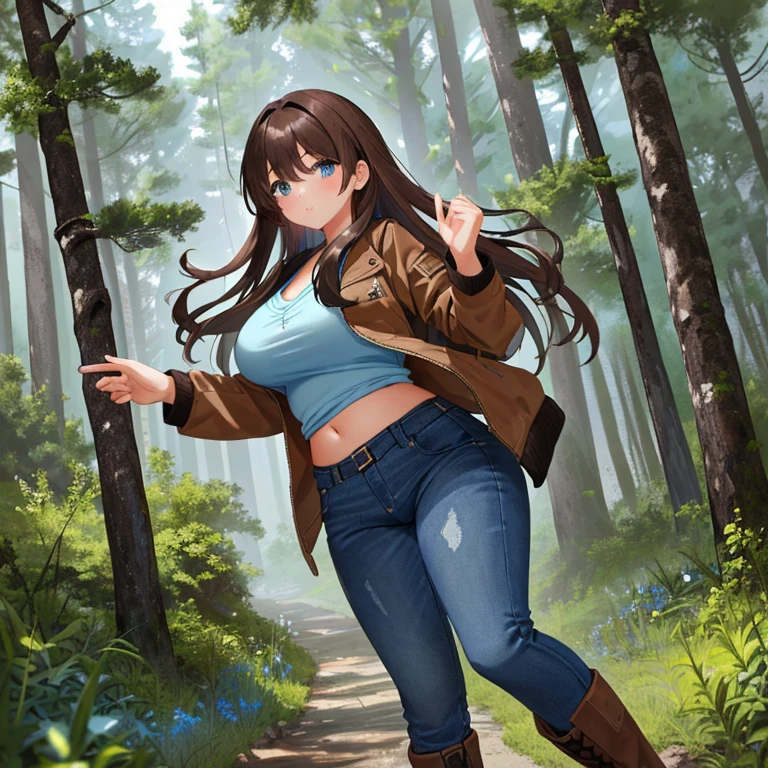 A Beautiful Girl, with ((Lush, Long Dark-Brown Hair)), (Big Beautiful Blue Eyes), Very Large Chest, Huge Hips, and a very Athletic Figure. She’s wearing a (Brown-Leather-Jacket), a LightBlue Shirt, (Very Weathered, Dark-Blue Jeans), and (Grey Boots). Hiking in a Forest, within the Mountains, 