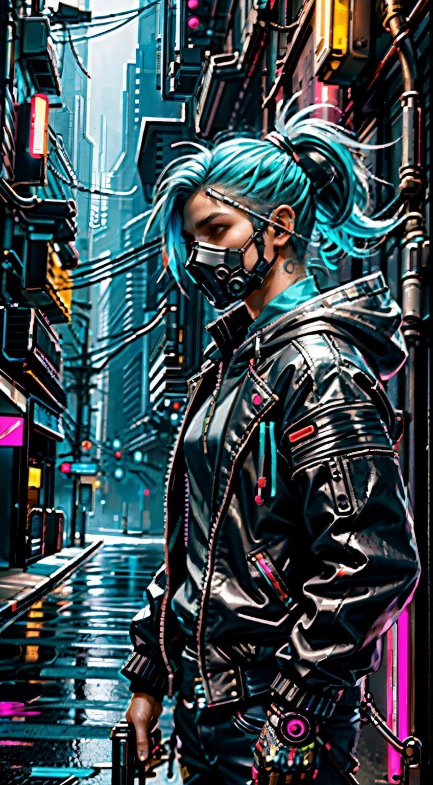 CyberpunkAI, neon, 1boy, elf, neon hair, neon eyes, ponytail hairstyle, black leather jacket,sniper rifle, hood up, sneaking, mask,goggles,