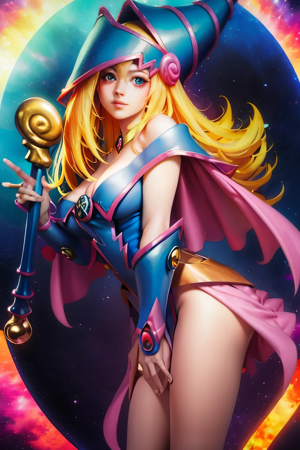 Giles magos oscuros. magos oscuros. ojos azules. cabello rubio. labios rojos. Detailed Features.., cosmic colors, ethereal lighting, Pintura surrealista, high resolution, otherworldly atmosphere, Seres celestiales. Hermosa diosa