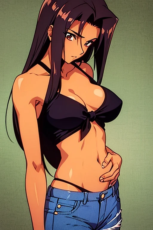 ((best quality)), ((masterpiece)), (detailed), dark tanned skin anime woman in a deep V-neck tied top, (bare shoulders), (bare arms), (jeans), (long hair), starving, (resting hands on the stomach), (hands on the stomach), (slim body), resting hands on top of the tummy