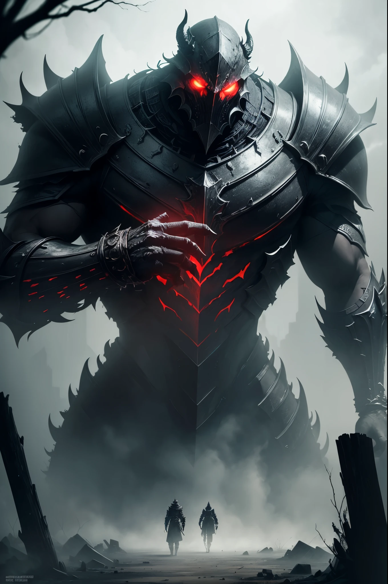 A menacing, towering, and highly detailed (boss:1.1) from the realm of Dark Souls, with sharp, intricate armor and glowing, intimidating red eyes. The boss possesses massive, muscular limbs and emits an eerie darkness that engulfs its surroundings (dark aura). The (dark, macabre) atmosphere enhances the dramatic effect, amplifying the sense of danger and foreboding. The boss is surrounded by an ethereal fog that adds a mysterious, otherworldly (texture). The battle takes place in a desolate, (grim) landscape, with barren trees and crumbling ruins adding to the sense of decay and impending doom. The (highly detailed and realistic) lighting casts striking shadows, accentuating the boss's intimidating presence. The color palette is dominated by (dark, rich, and desaturated) tones, emphasizing the sinister nature of the scene. The exquisite attention to detail and meticulous craftsmanship create a (masterpiece:1.2) that captures the essence of the Dark Souls universe.
