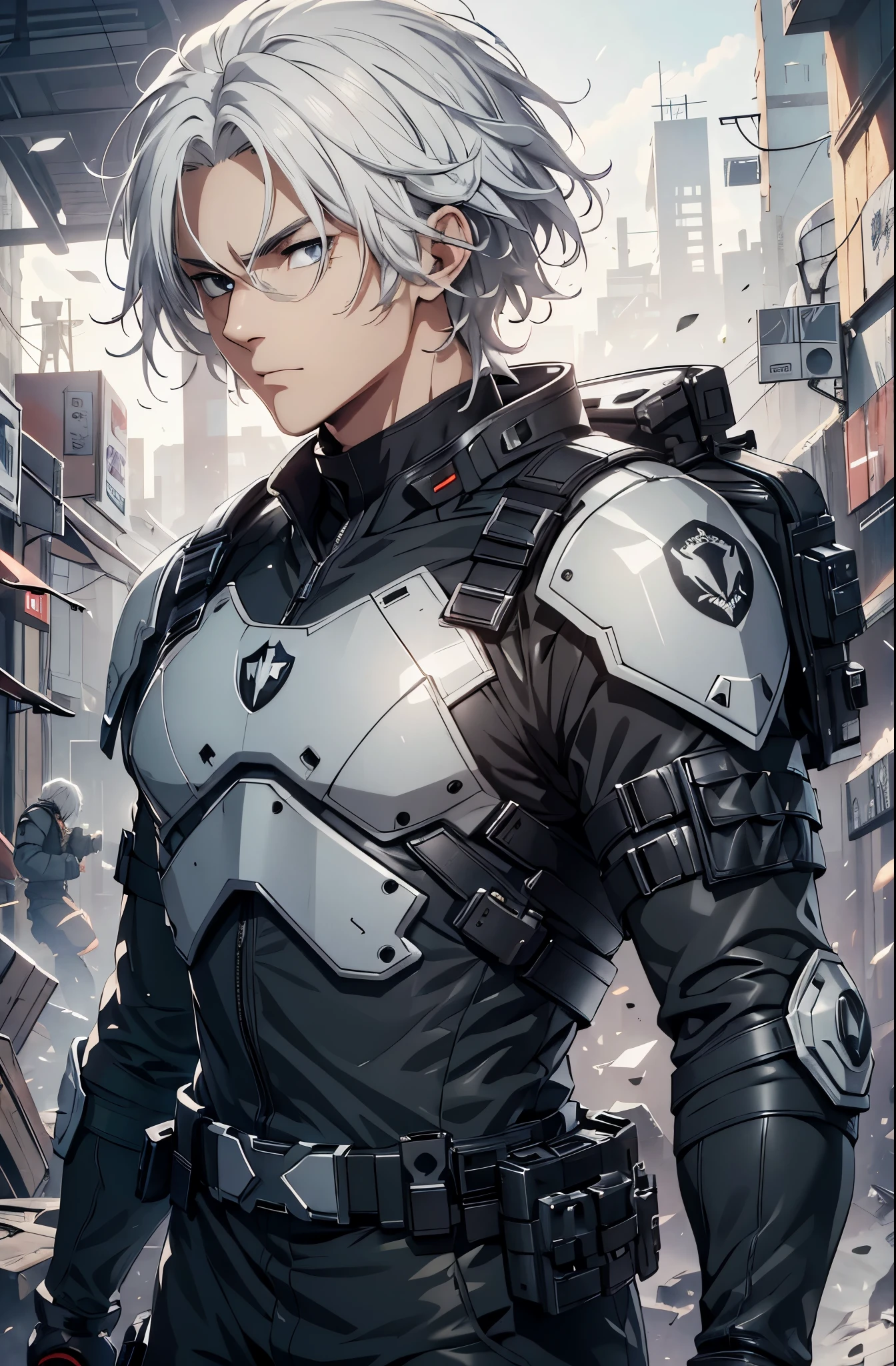 1man, white hair, wearing combat suit, ultra high resolution, best quality, masterpiece, rtx,ray tracing, 4k, top quality, highly detailed, official art, stunning visuals