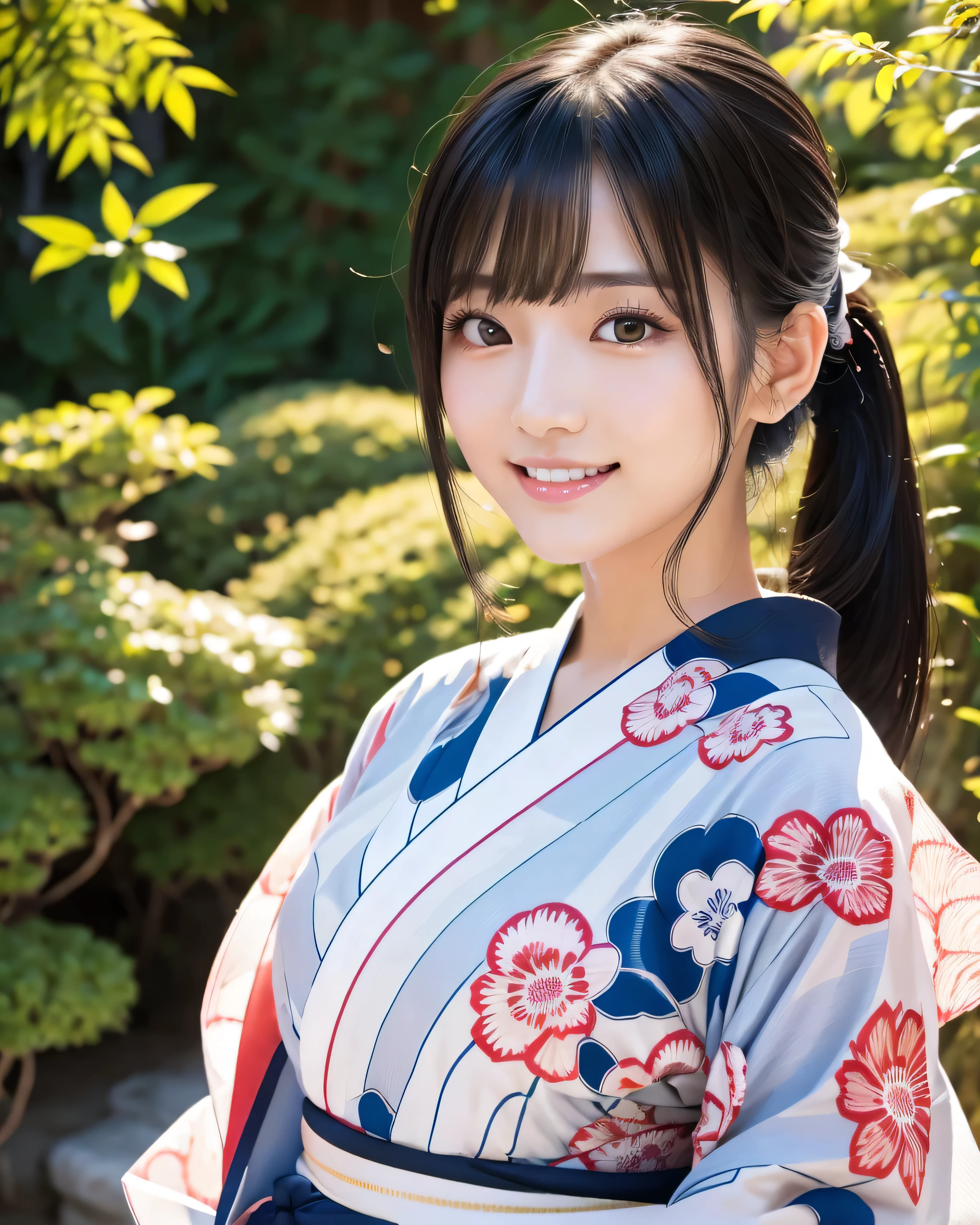 (highest quality, 32k, High resolution, Masterpiece:1.5, ), marimo_jet, Transparent air, Beautiful Japanese Girl, one person, Very beautiful face, Shiny black hair, ponytail, Asymmetrical bangs, Magical big eyes, A loving look, Double eyelids, Clear, smooth, white skin, Pale pink detailed lips, White and perfect teeth, Natural Makeup, Motherhood and generosity, (fleeting smile:0.7), Red kimono, ((traditional Japanese Yukata)), Dazzling summer sunshine, Japanese cityscape, detailed blue sky, Professional Lighting, Professional photographer, Professional models, mysterious