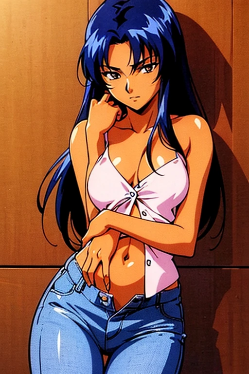 ((best quality)), ((masterpiece)), (detailed), dark tanned skin anime woman in a deep V-neck button-up cami top, (jeans), (long hair), starving, (resting hands on the stomach), (hands on the stomach), (slim body), resting hands on top of the tummy